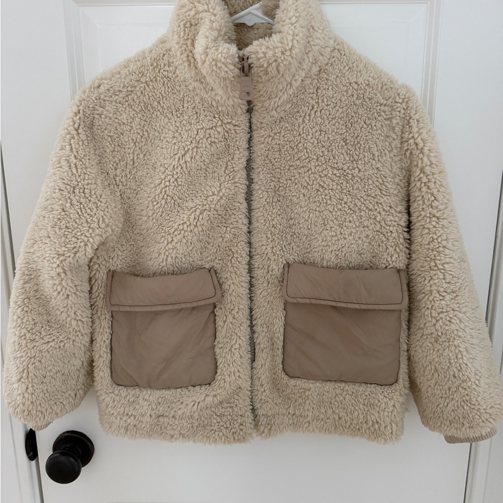 Zara Cream Faux Shearling Jacket with Tan Pocket Accents